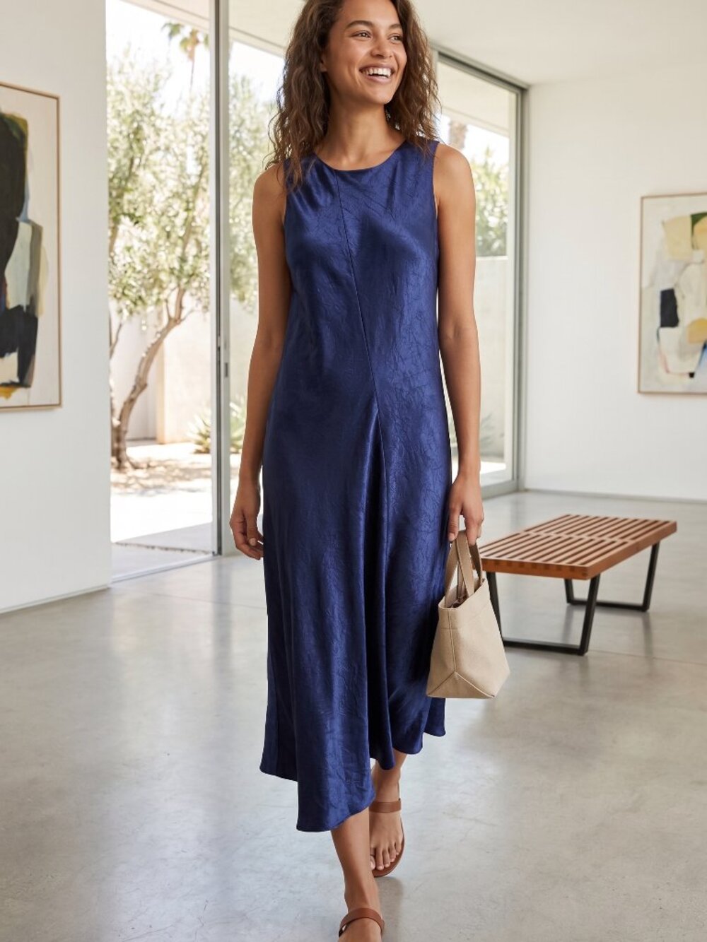 NWT Vince Asymmetrical Crinkled Satin Midi in Ink Blue Bias Cut Dress Size XS M